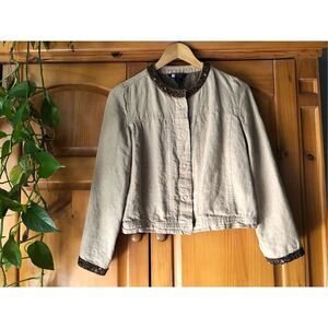 Carole Little Petite PM 100% Linen Jacket Embellishment Crop Snap Front Lined